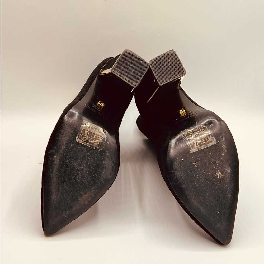 KAT MACONIE Black Suede Boots  With Funky Gold Accent On 4”Heels US6 EU37 - Picture 10 of 12